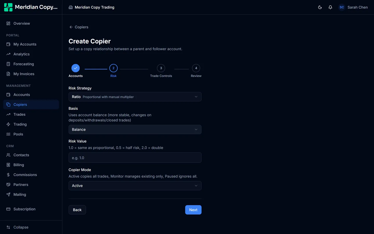 Step 2 of the create copier form showing the risk strategy dropdown, basis selector, risk value field, and copier mode