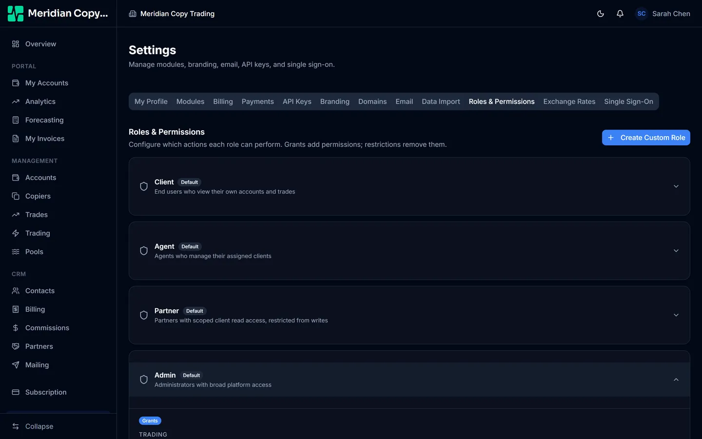 The Roles and Permissions settings tab showing per-role permission checkboxes grouped by resource area
