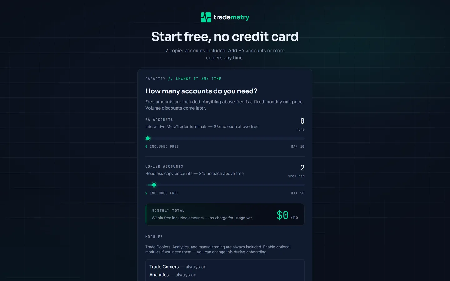 The Trademetry signup page with capacity sliders for EA accounts and copier accounts, a monthly total, add-on module checkboxes, and the account details form