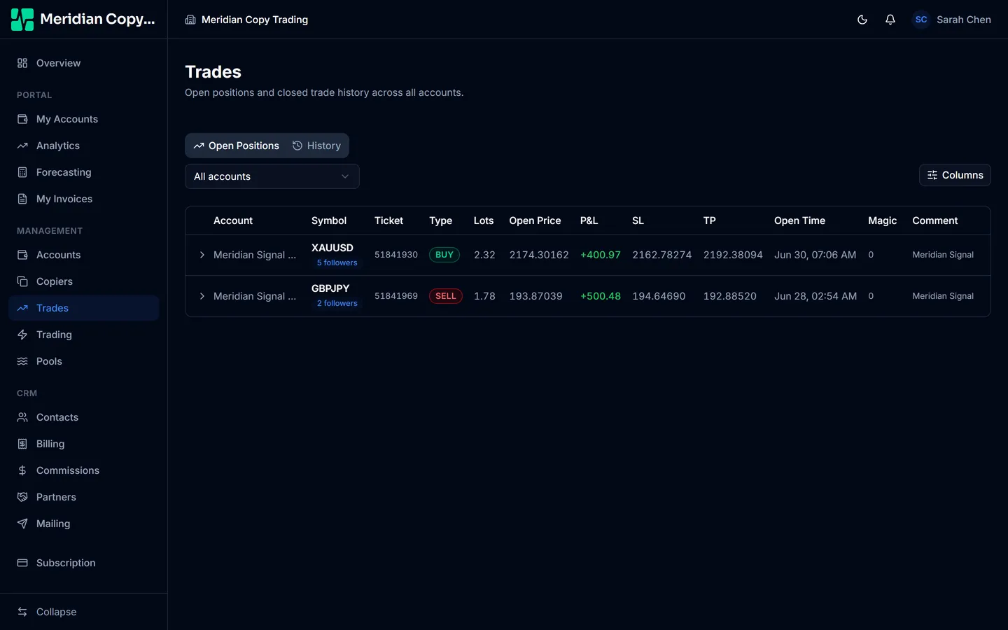 The Open Positions tab listing live leader positions with a follower count on each, and floating P and L